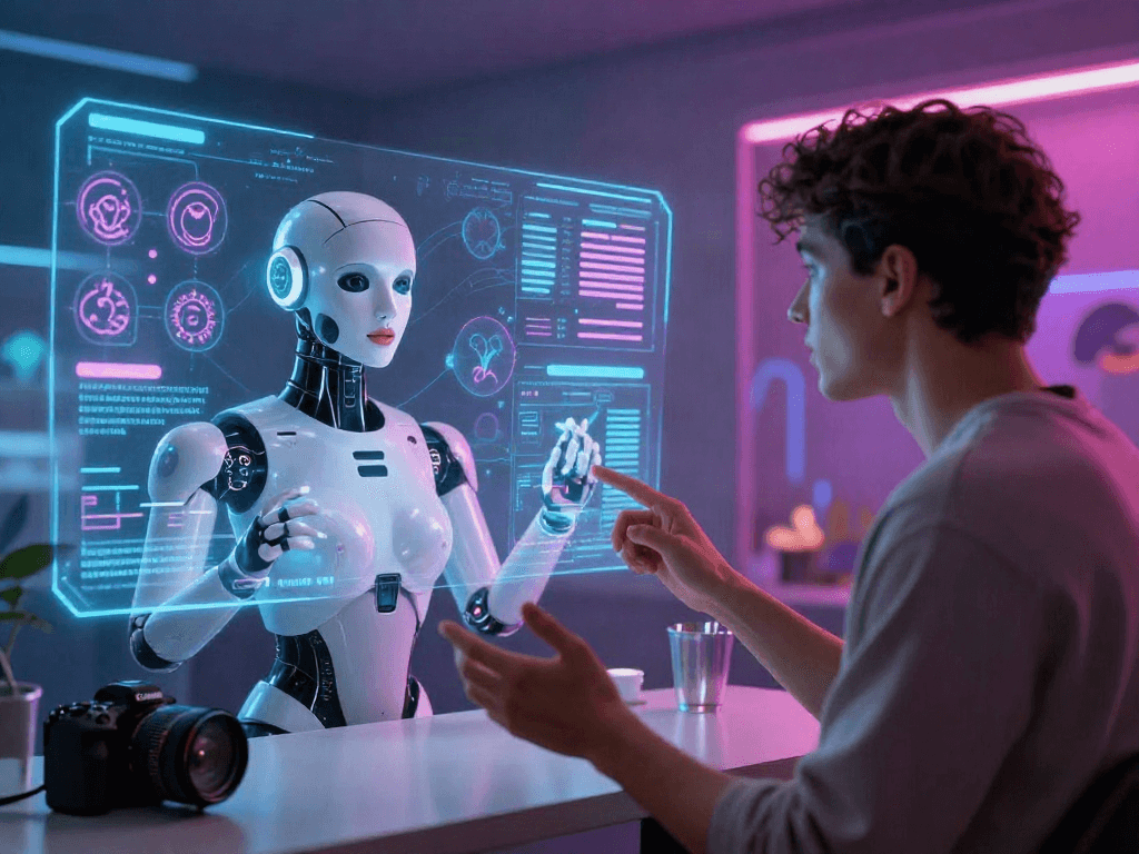 Engaging scene of a user interacting with a sex bot in a vibrant virtual space.