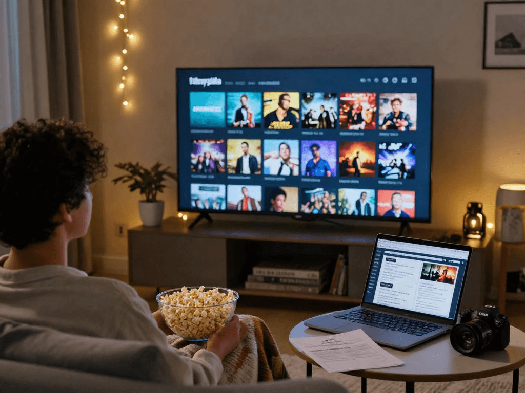 Cozy home movie streaming scene featuring the filmyzilla interface and popcorn.