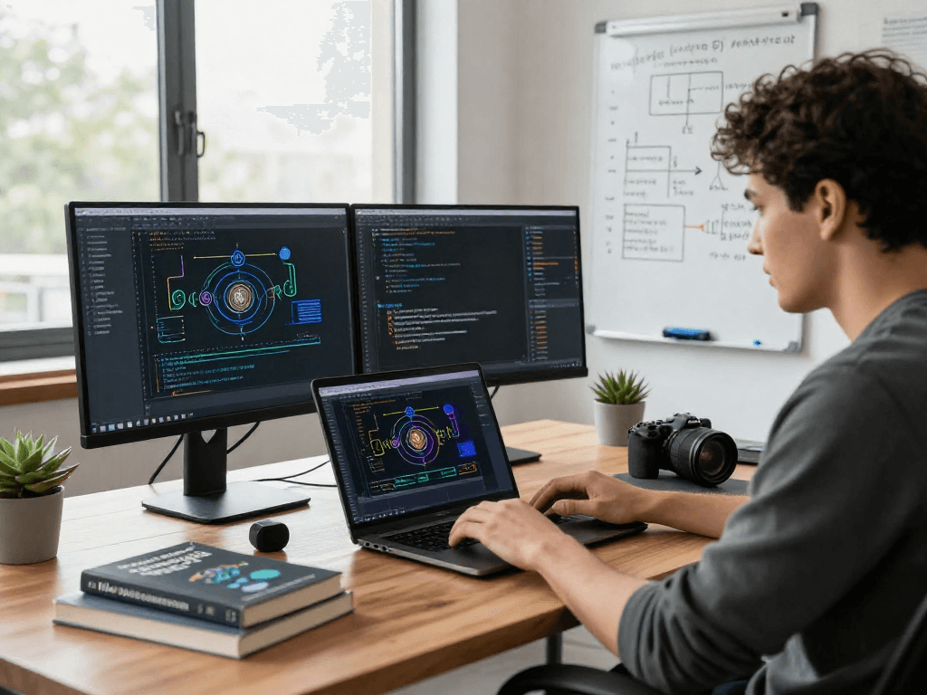 Tornardocash blockchain development workspace, featuring vibrant code on screens and modern tech environment.