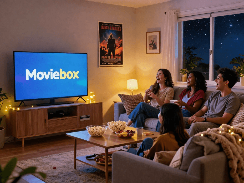 Friends enjoying a movie night together with Moviebox on the screen, cozy living room setting.