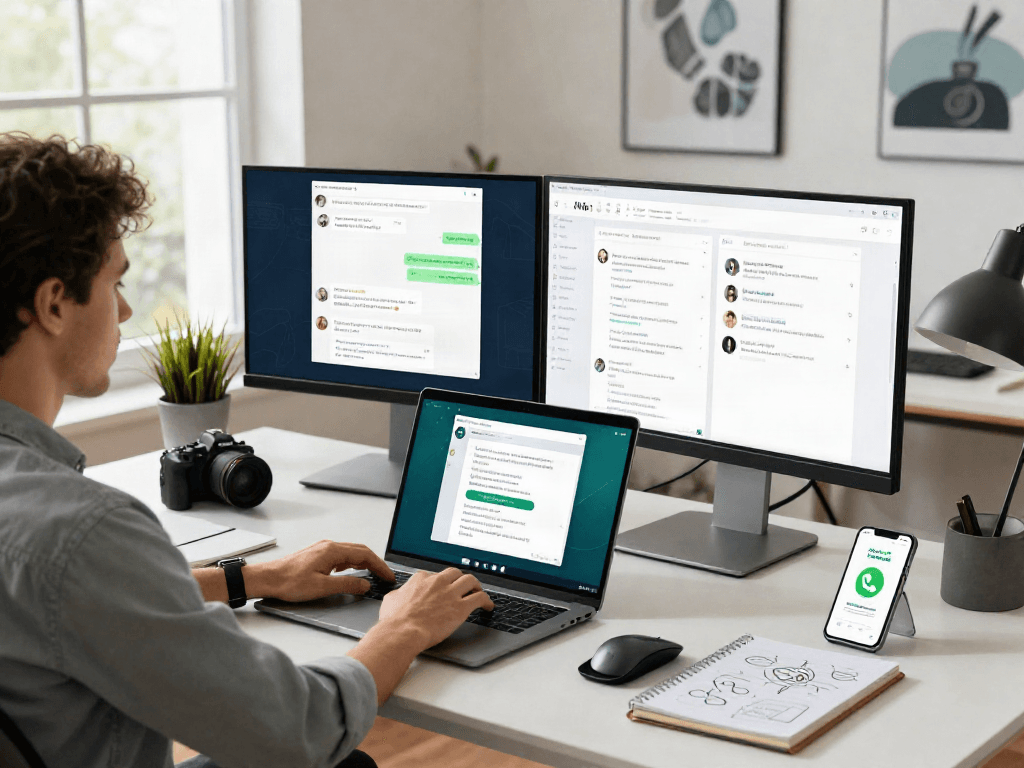 Engaging with GB WhatsApp app on a modern laptop in a vibrant tech workspace