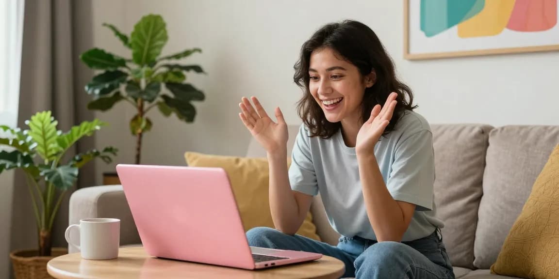 Engaging pink video chat session with a real person in a cozy setting.