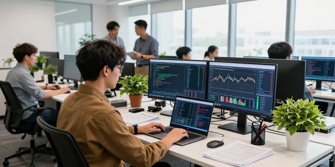 实时分析台股历史K线API的开发者在现代办公室工作的场景。
