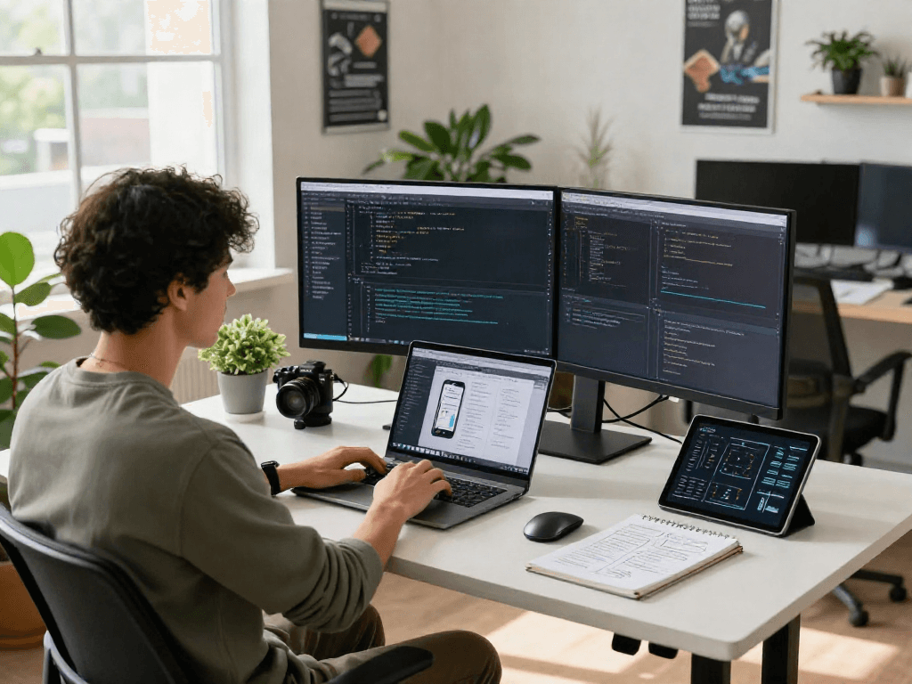 Pikashow software development workspace highlighting a focused developer coding at dual monitors with natural sunlight in a vibrant office.