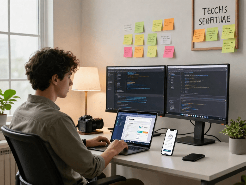 Pikashow APK development workspace with mobile app interface on laptop, vibrant brainstorming notes, and natural light flooding in