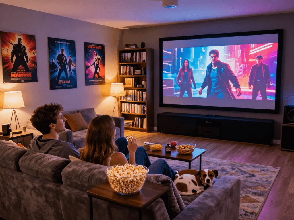Enjoying a cozy movie night with Moviebox in vibrant home theater.