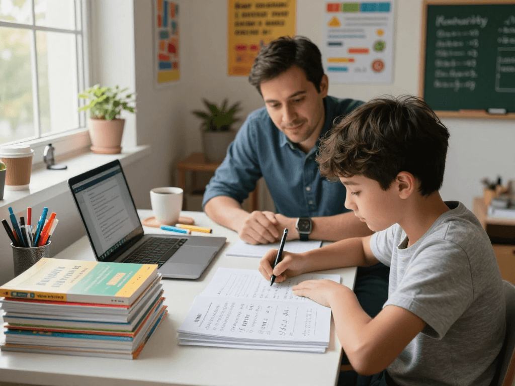 11 plus exam tutors near me helping a student in a cozy home study setting with books and online resources.