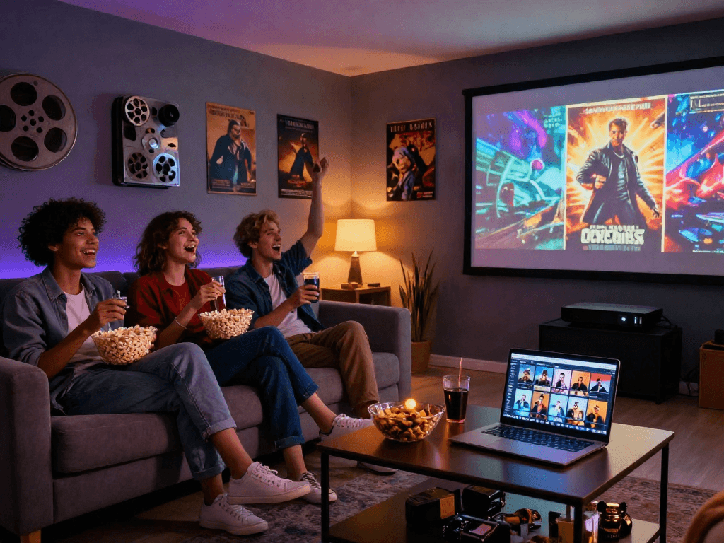 Friends enjoying a movie night with Moviebox app in cozy home theater setting.