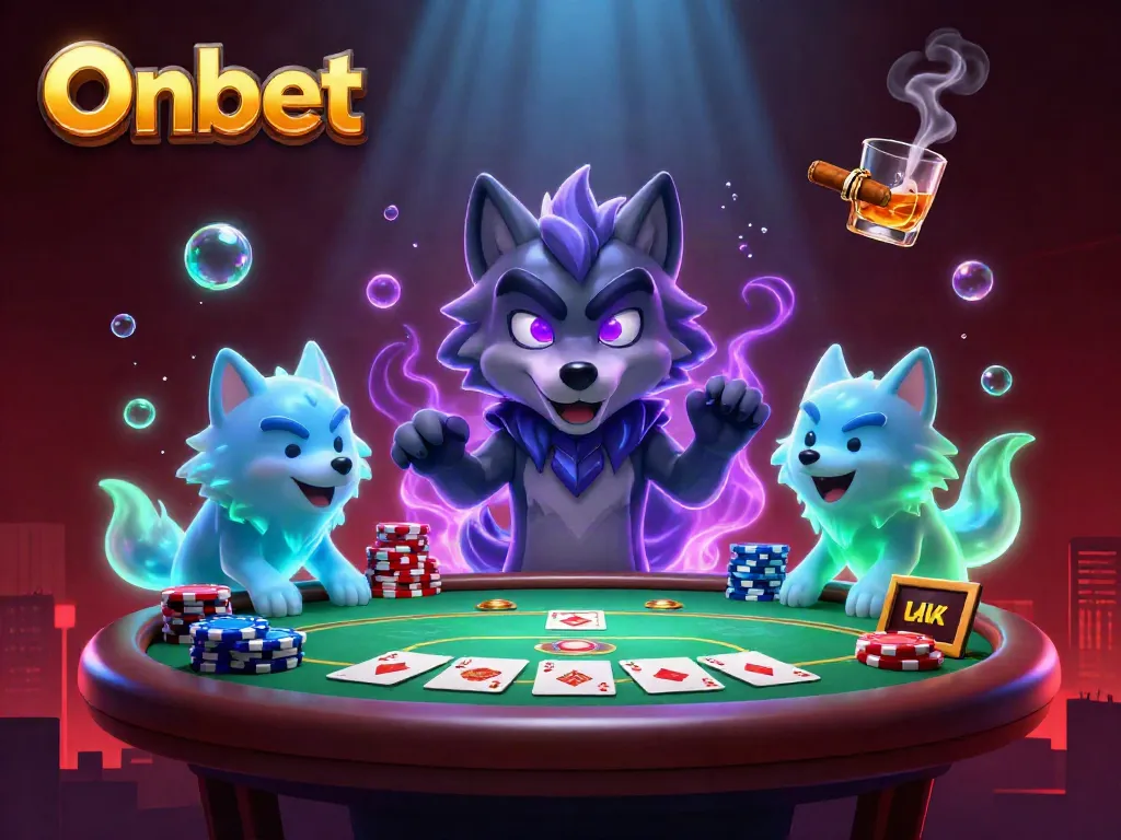 Engage with Onbet's thrilling poker scene featuring animated wolves and vivid casino elements.