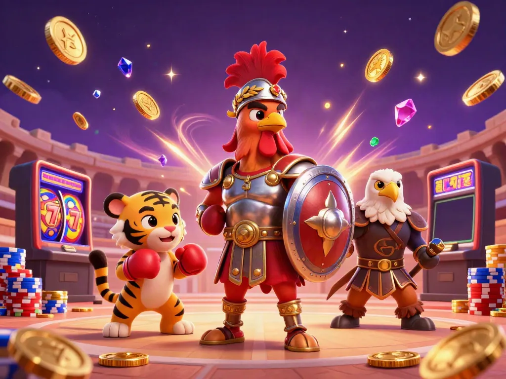 Experience the excitement of สล็อต gaming with a roaring gladiator rooster and colorful slot elements in a dynamic scene.