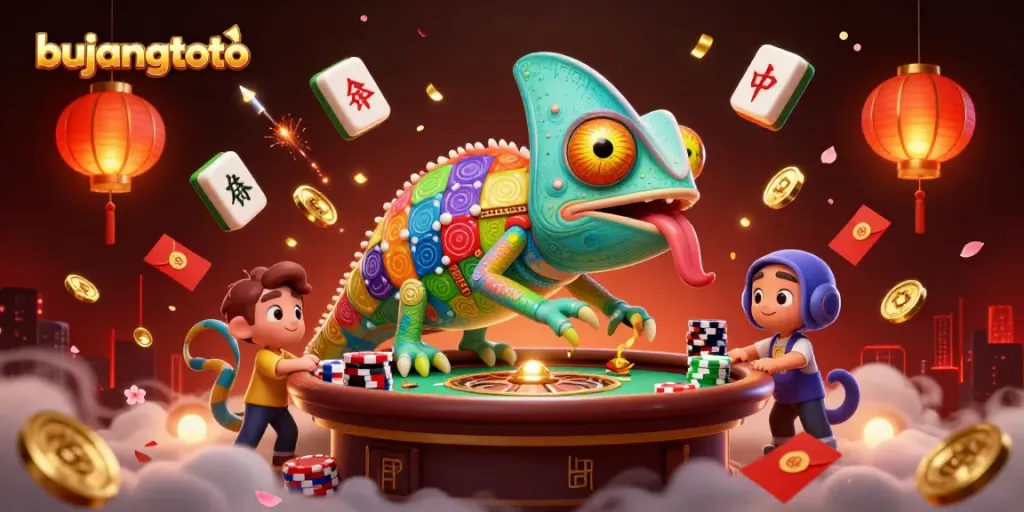 Engage with bujangtoto in a vibrant online casino scene featuring a dynamic chameleon owner.