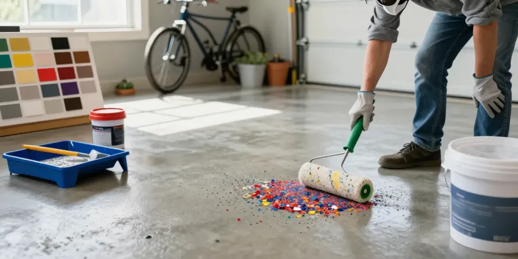 Homeowner applying epoxy flooring in a garage, showcasing vibrant color flakes and modern tools.