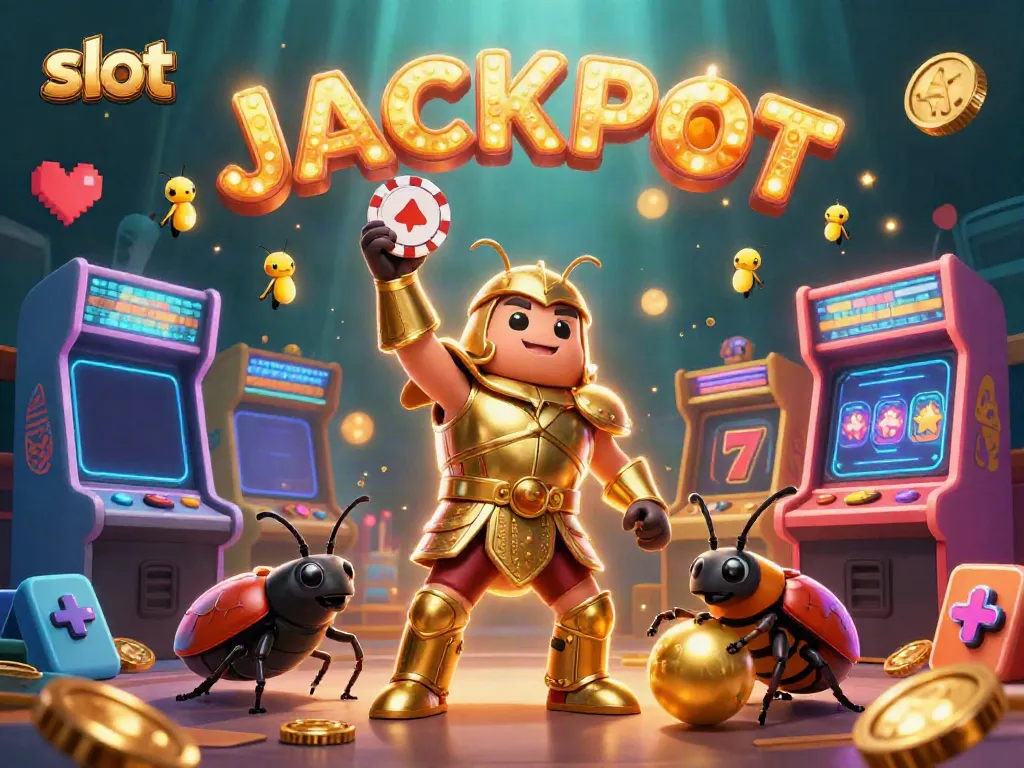 Engage in slots with a victorious hercules beetle celebrating a jackpot scene.