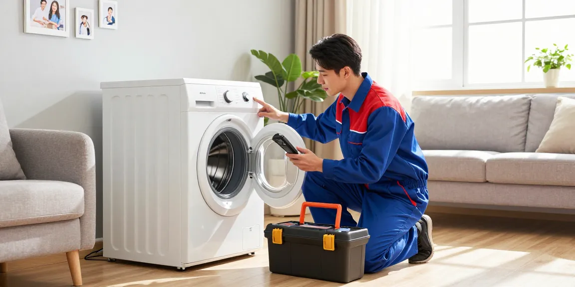 All home brand repair service technician diagnosing a washing machine in a bright living room, showcasing expert service.
