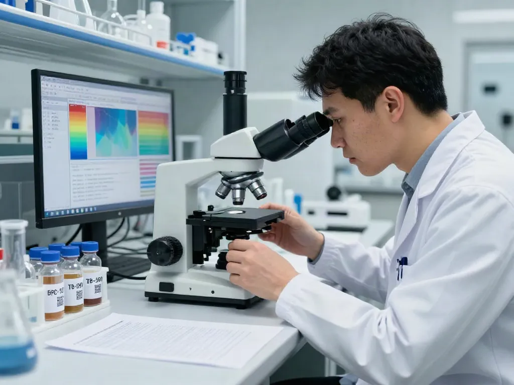 BPC-157 TB-500 blend for sale being analyzed in a modern lab setting with glass vials and data on a computer.