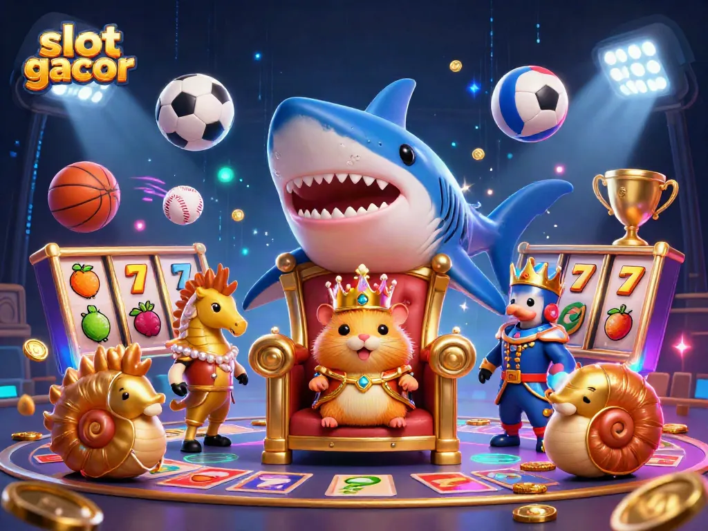 Experience the thrilling world of slot gacor with an impressive 3D illustration of a hamster king and exciting gambling elements.