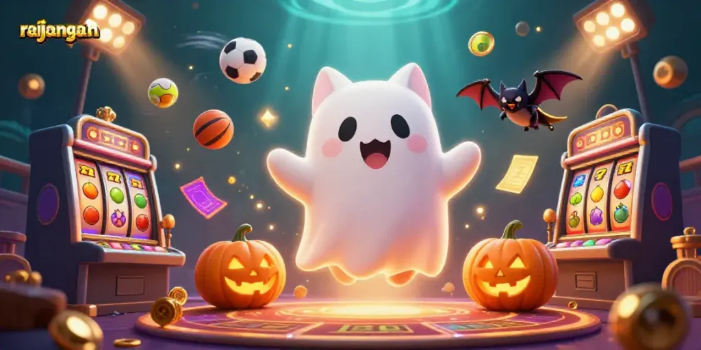 Temukan keseruan perjudian di rajangamen dengan karakter kartun hantu lucu dan simbol slot yang bersinar.