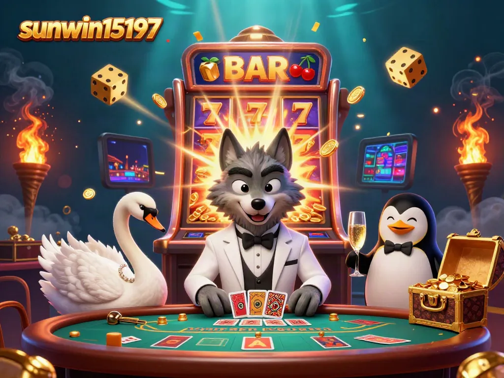 Experience exhilarating wins at sunwin15197 with a dynamic casino scene featuring unique characters and vibrant elements.