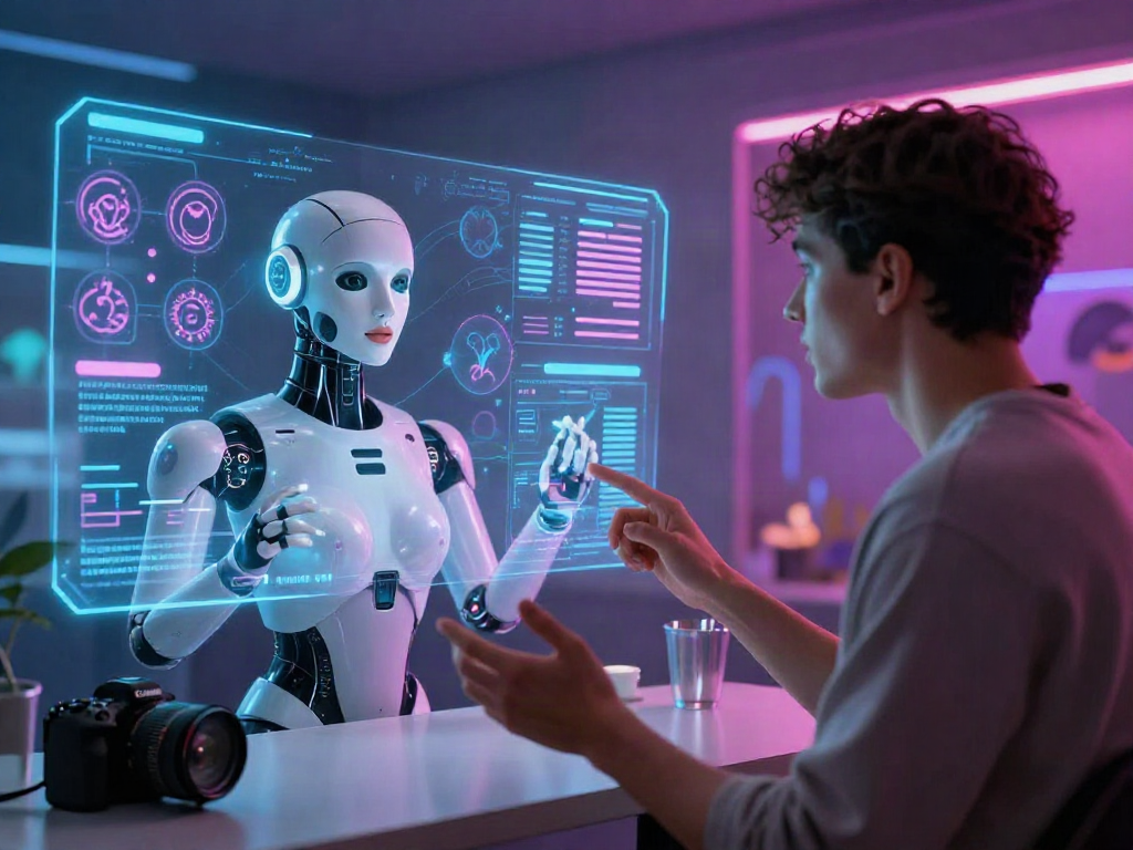 Engaging scene of a user interacting with a sex bot in a vibrant virtual space.