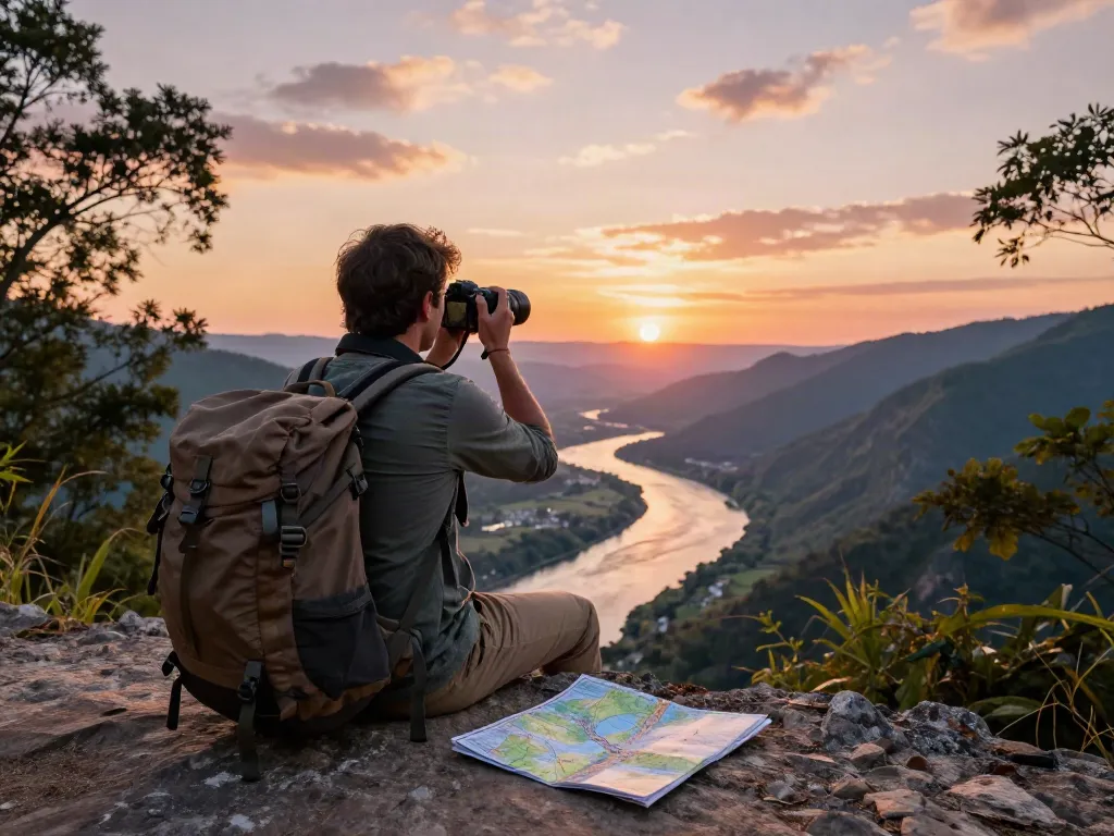 Traveler enjoying a scenic view while preparing to visit this site during sunset.
