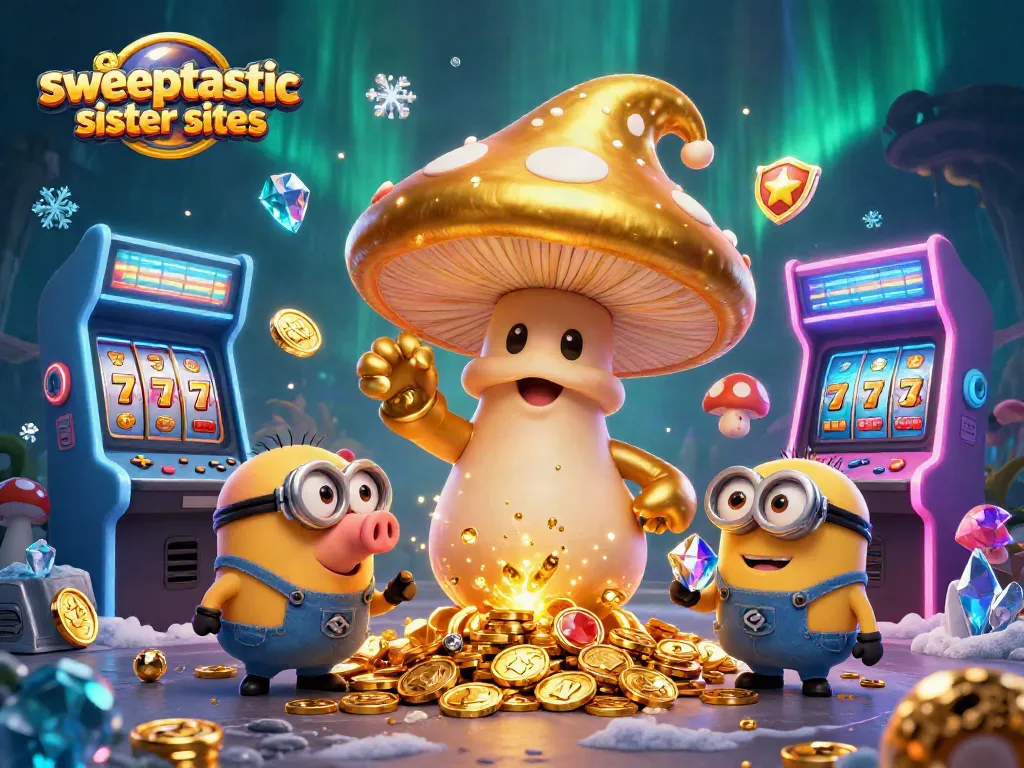 Explore Sweeptastic sister sites with golden characters and engaging gaming elements.