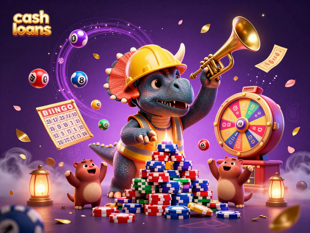 Engage with cash loans while a triceratops builds poker chip towers amidst casino elements, celebrating with festive lottery games.