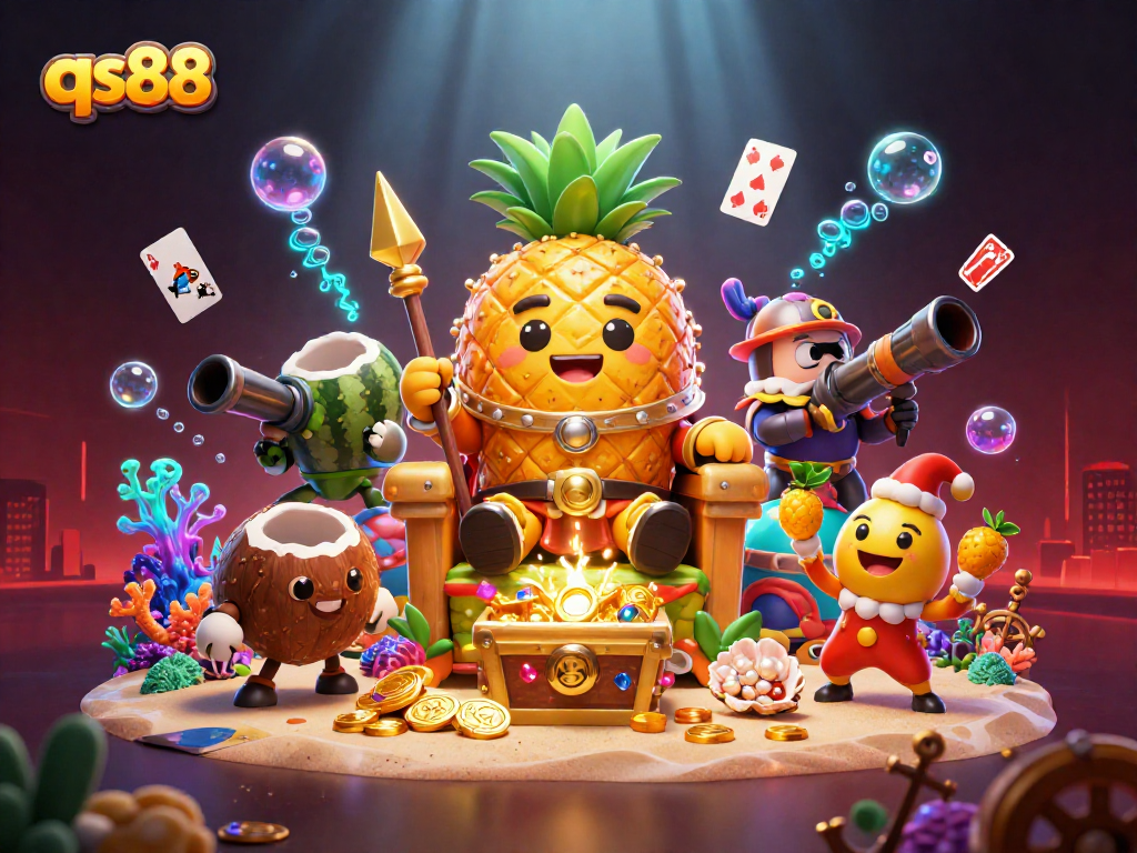 Engage in thrilling casino action with qs88 at this vibrant, dynamic 3D illustration filled with exciting characters.