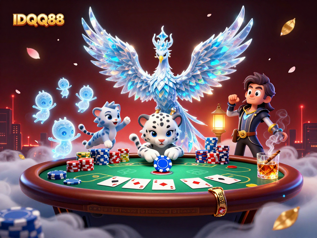Experience thrilling wins at IDQQ88 with a vibrant 3D casino scene featuring animated characters.