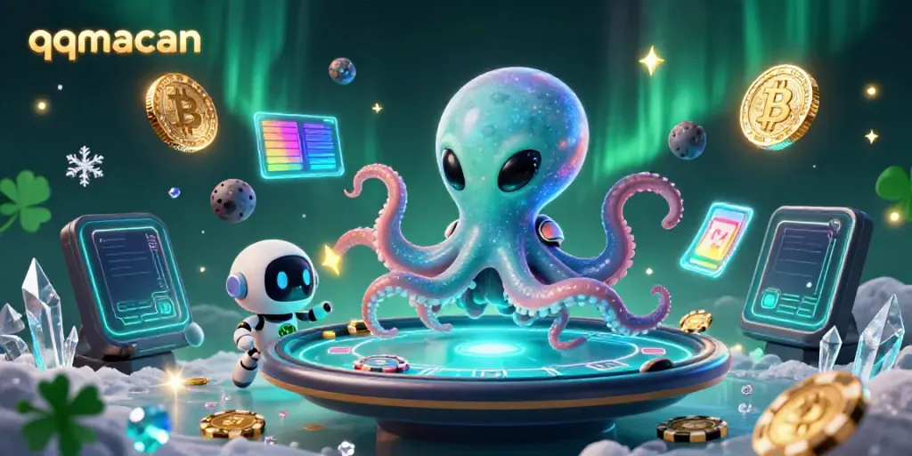 Engage with the interactive qqmacan holographic poker table as a cartoon alien octopus in a vibrant casino galaxy.