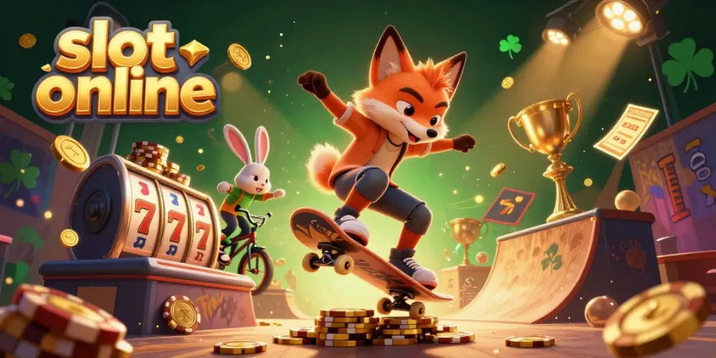 Experience thrilling slot online action in a vibrant 3D illustration with dynamic characters and casino elements.