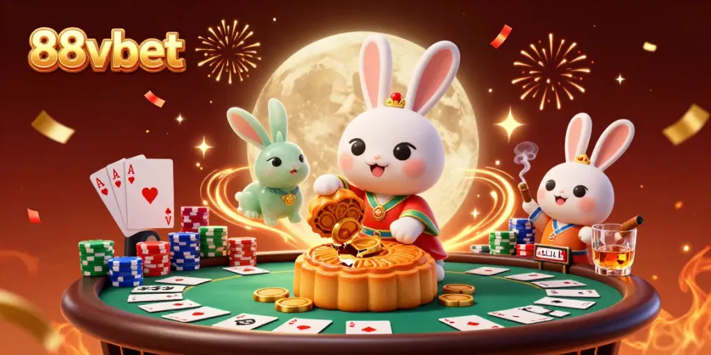 Experience the excitement of 88vbet as a moon rabbit reveals poker chips from golden mooncakes.
