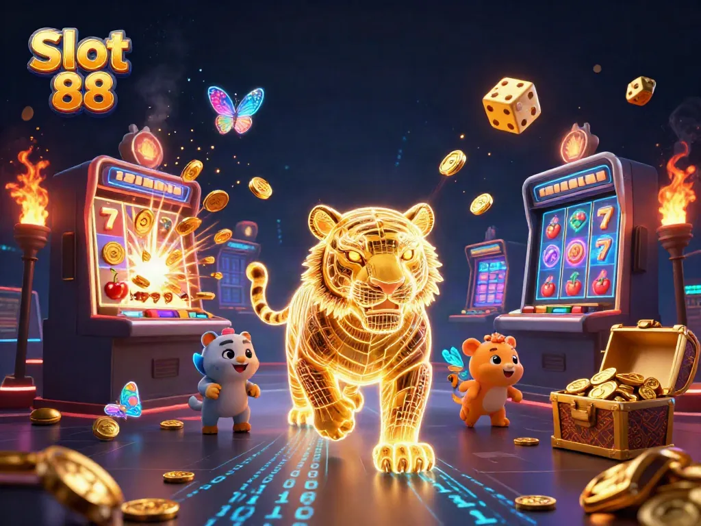Engage with Slot 88's vibrant casino atmosphere featuring a golden tiger and jackpot elements.