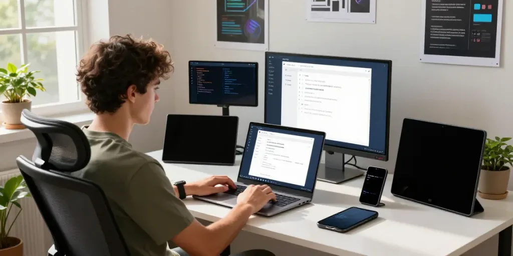 Developer testing 2113 Apps in a modern workspace with multiple screens.