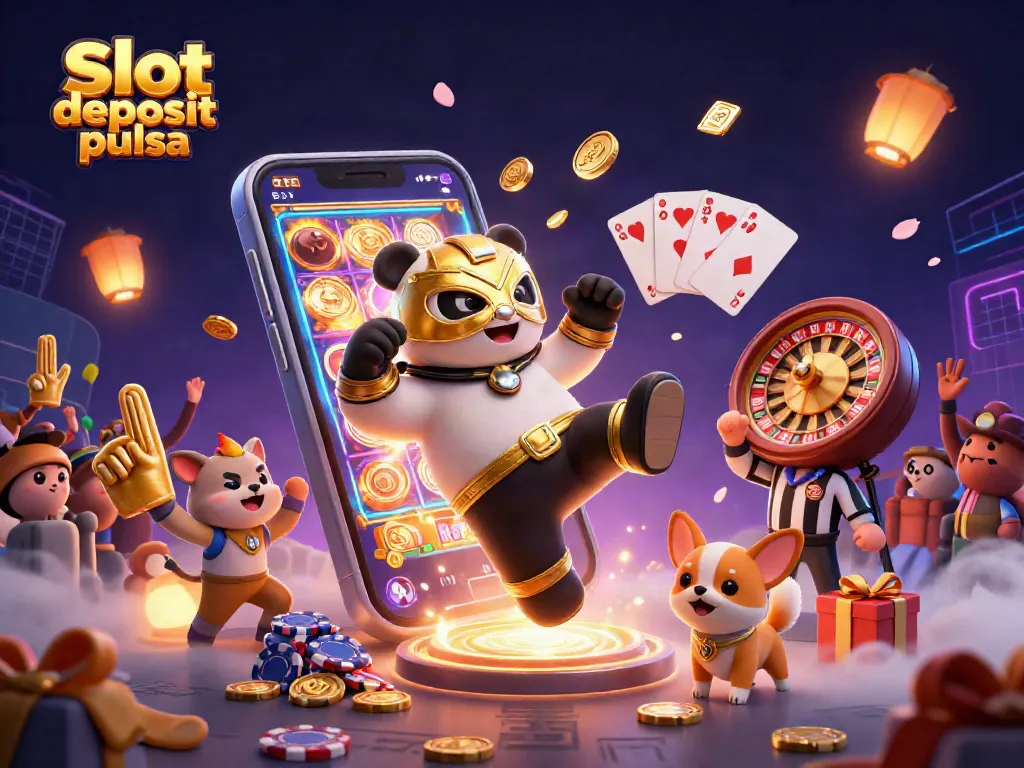 Engage with exciting slot deposit pulsa action featuring a panda wrestler amidst vibrant casino elements.