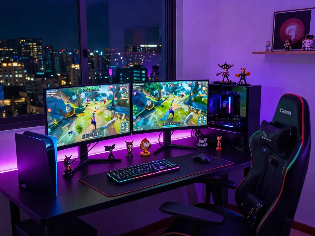 Dynamic gaming setup featuring qqmacan action, vibrant visuals, and an inviting atmosphere.
