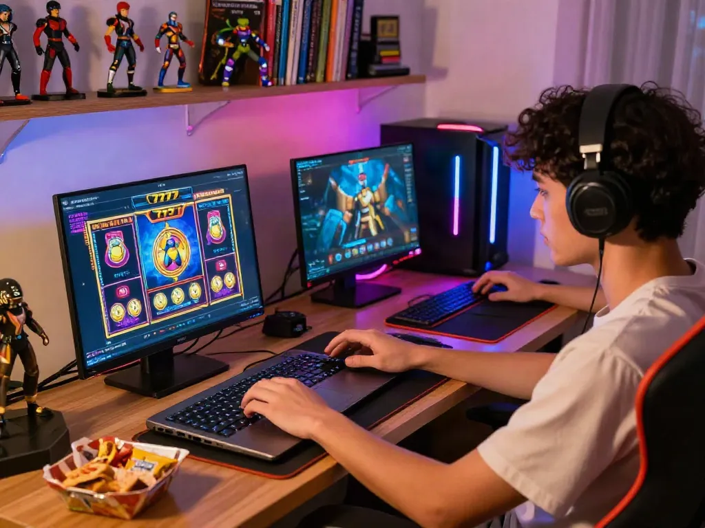 Engaged player enjoying slot777 online gaming experience at home.
