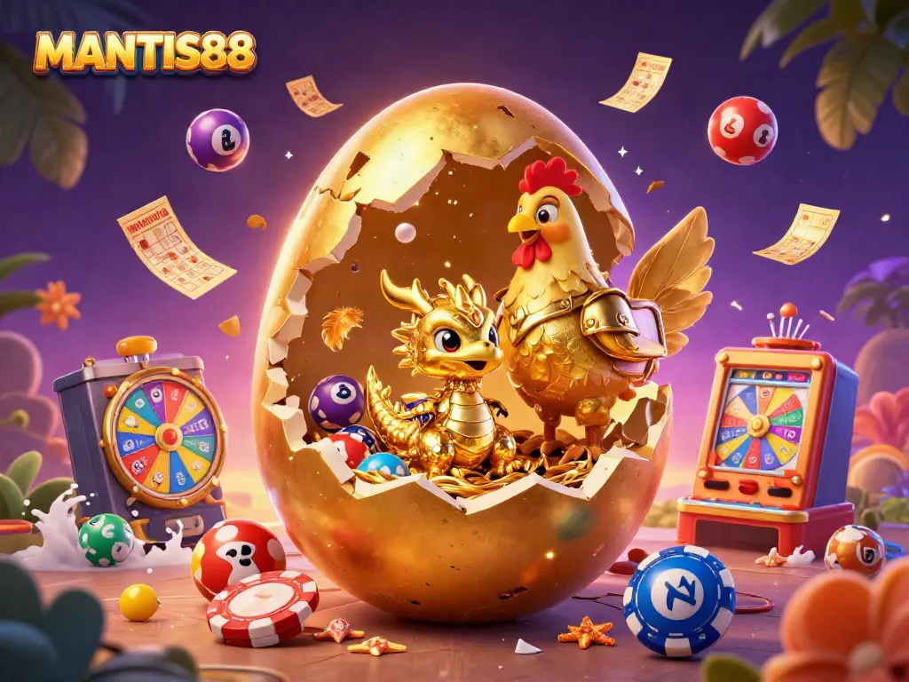 Experience the thrill of MANTIS88 with a vibrant 3D illustration showcasing a golden dragon and lottery elements.