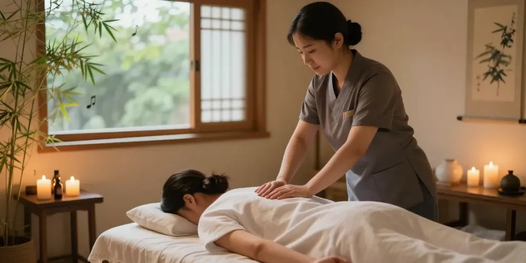 의정부출장마사지 session in a serene wellness studio with therapist and client.