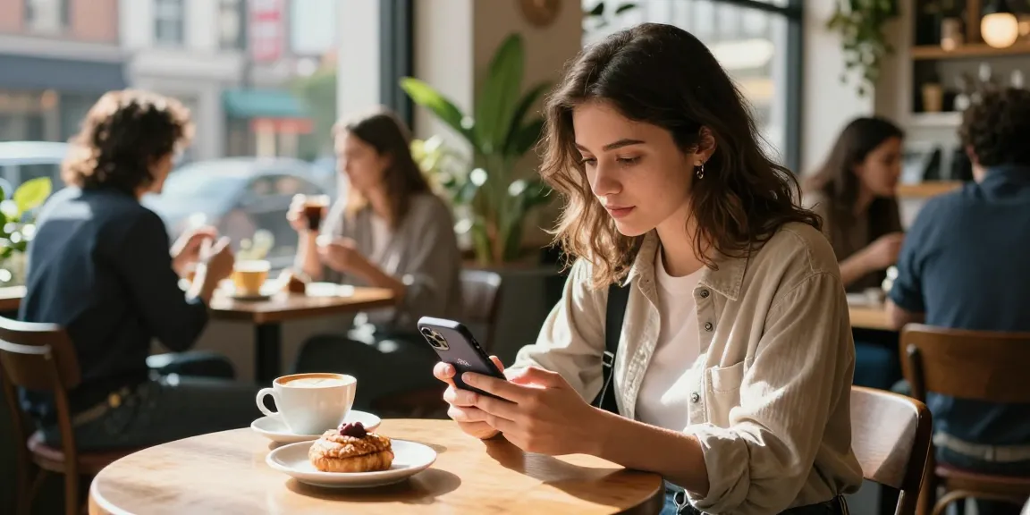 How old do I look? Young woman analyzing her age estimation app in a lively café.