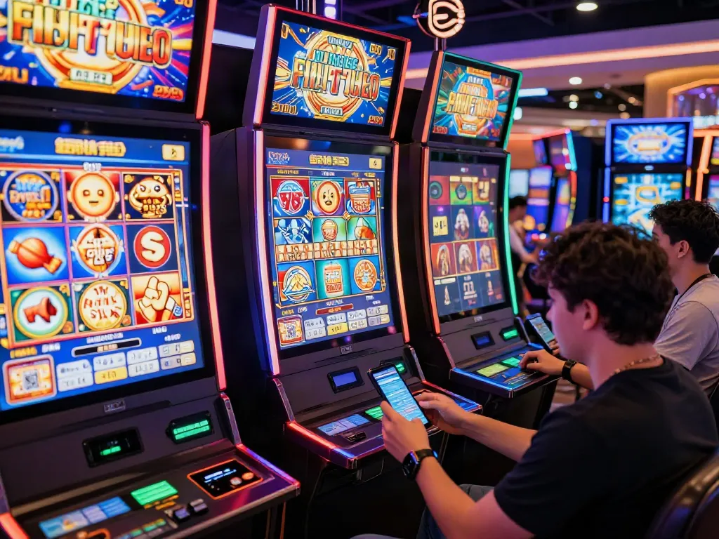 Exciting slot resmi experience with players enjoying vivid online gaming interface and QRIS transactions.