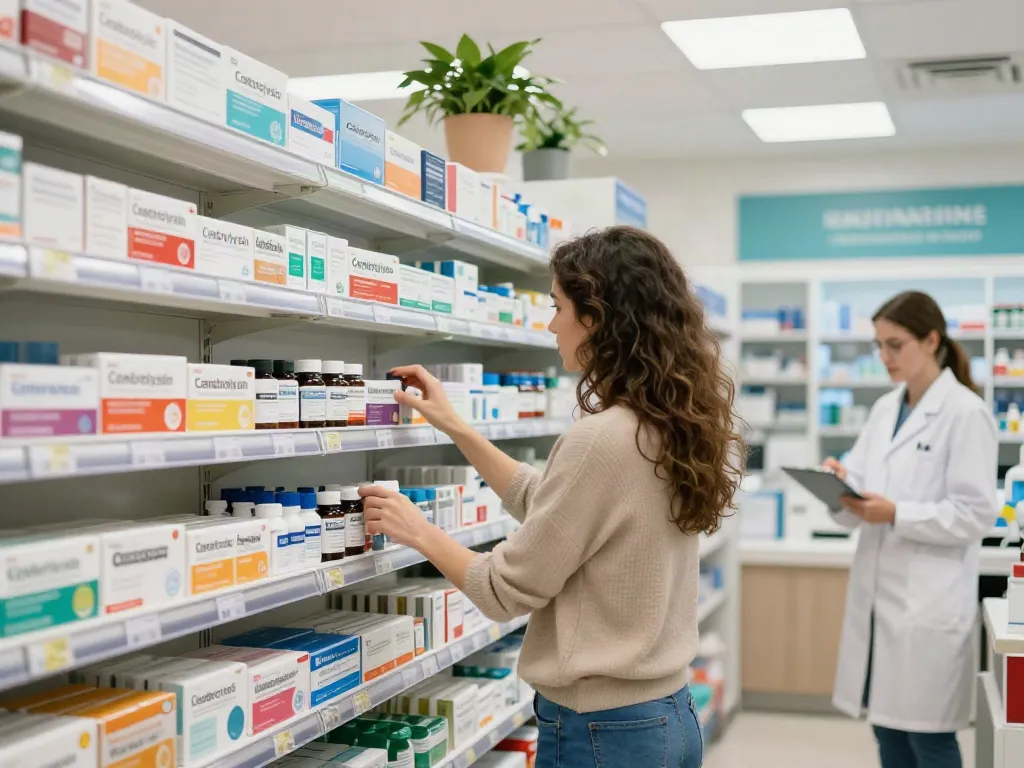 Cerebrolysin where to buy in a modern pharmacy with customer browsing shelves.