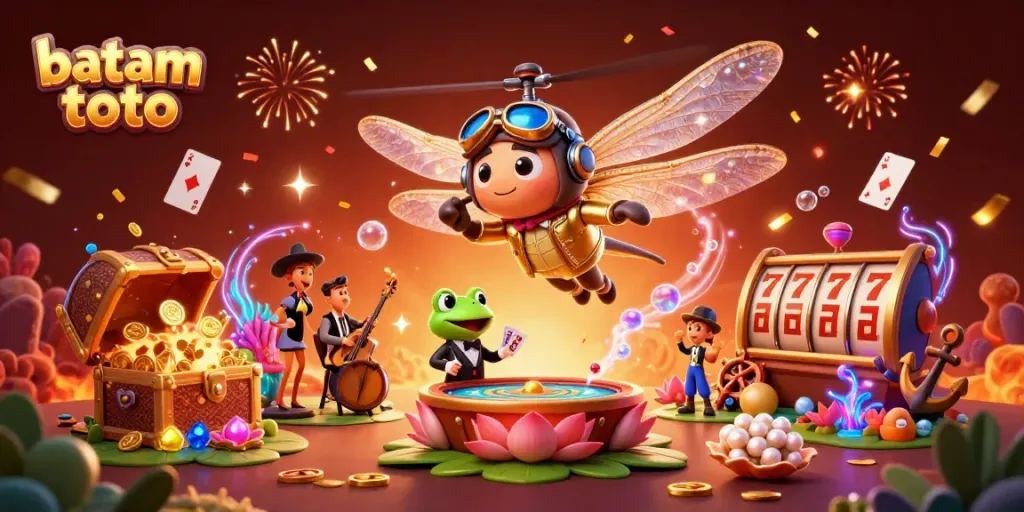 Experience batam toto excitement with a vibrant 3D casino illustration featuring a dragonfly pilot and frog dealer.