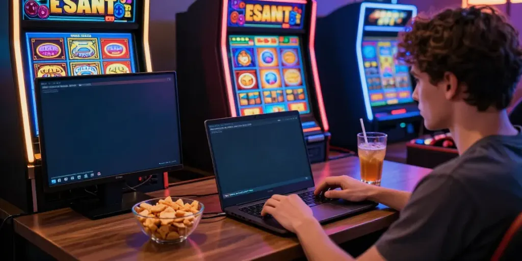 Engaging user playing slot games on a laptop in a vibrant, casino-themed environment.
