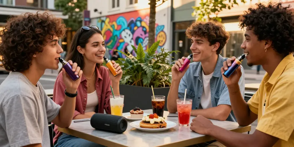 Group of friends enjoying Ryse vape devices outdoors at a café