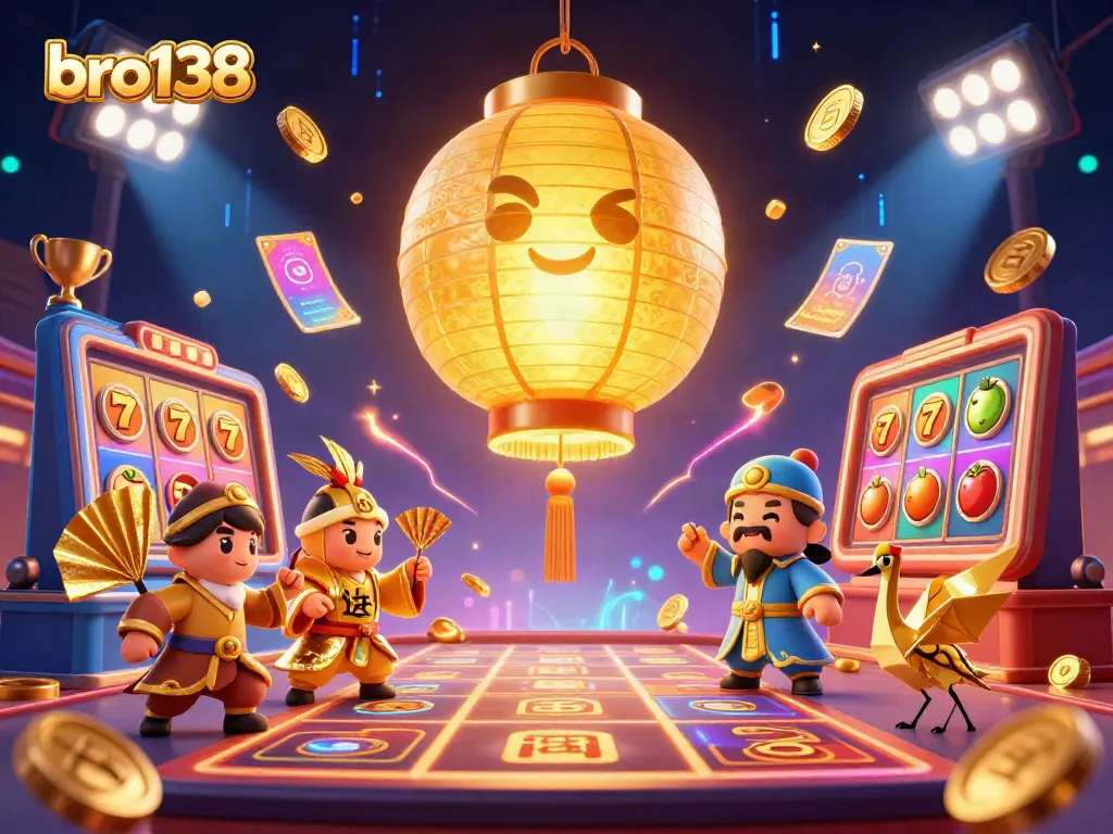 Engage with bro138's thrilling slots through a vibrant, magical casino scene showcasing dynamic characters and gaming elements.