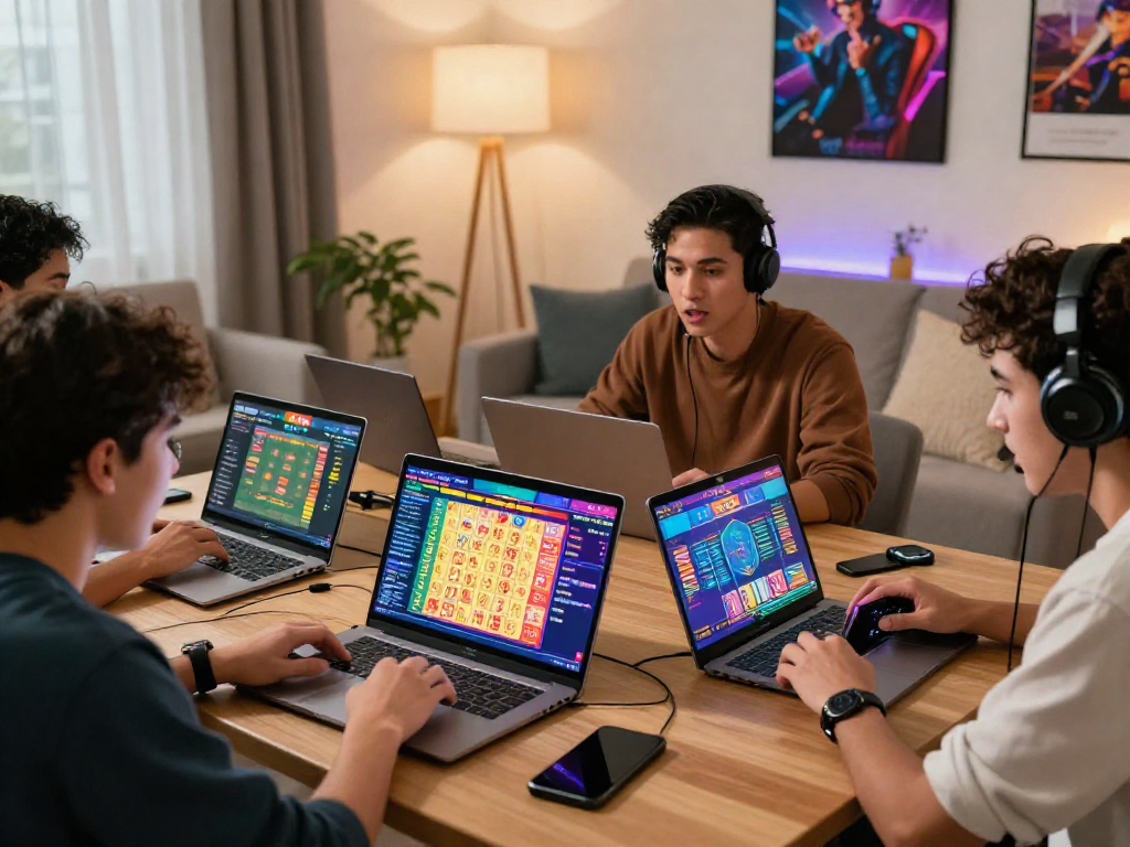 Pengalaman bermain rajatogel link dalam suasana gaming yang dinamis dengan pemain menggunakan laptop dan smartphone.