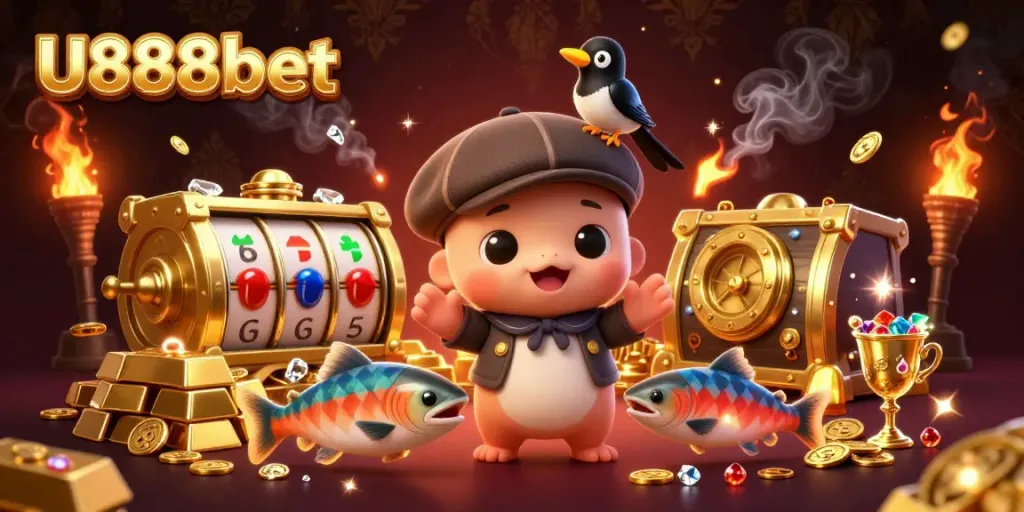 Experience the excitement of U888bet with a vibrant scene featuring casino-themed characters and gold treasures.