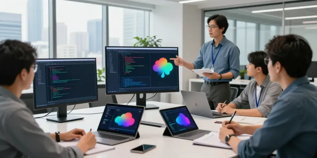 Engineers discussing microsoft azure managed services in a bright office environment.