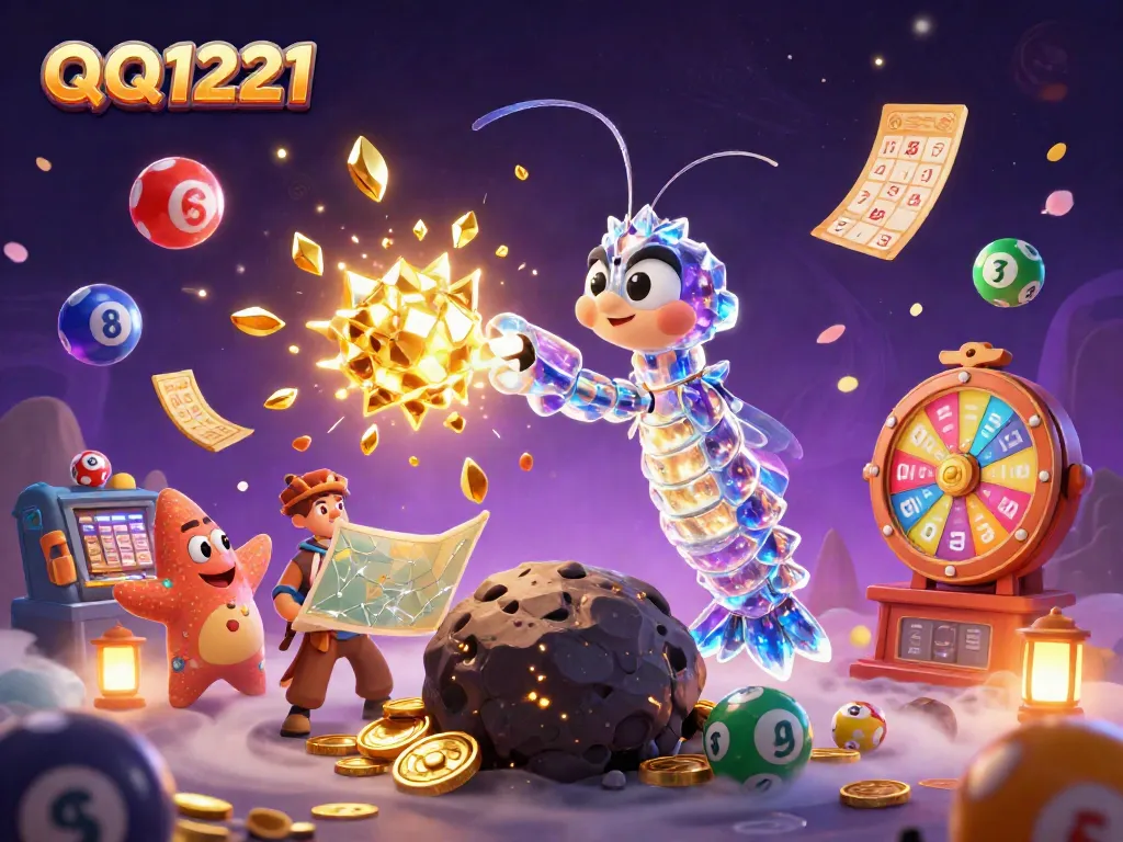 Engage with the thrilling excitement of QQ1221, featuring energetic characters amidst exploding gems and dynamic lottery elements.