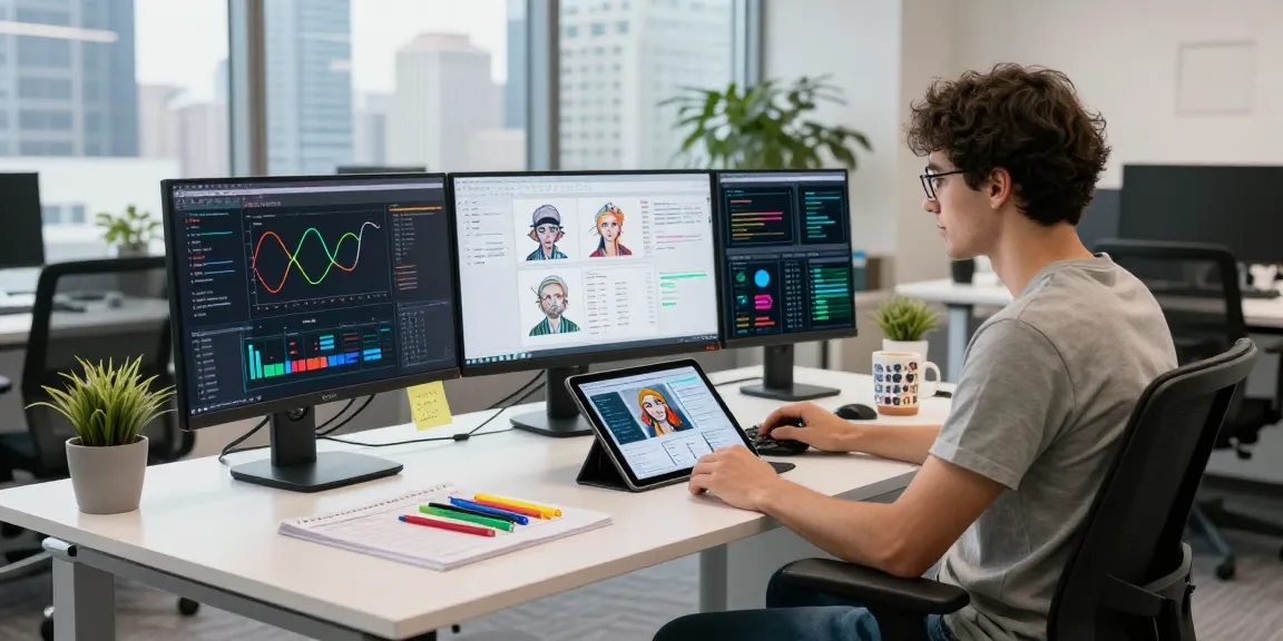 Data analyst using AI Image Detector tools in a modern tech office environment.